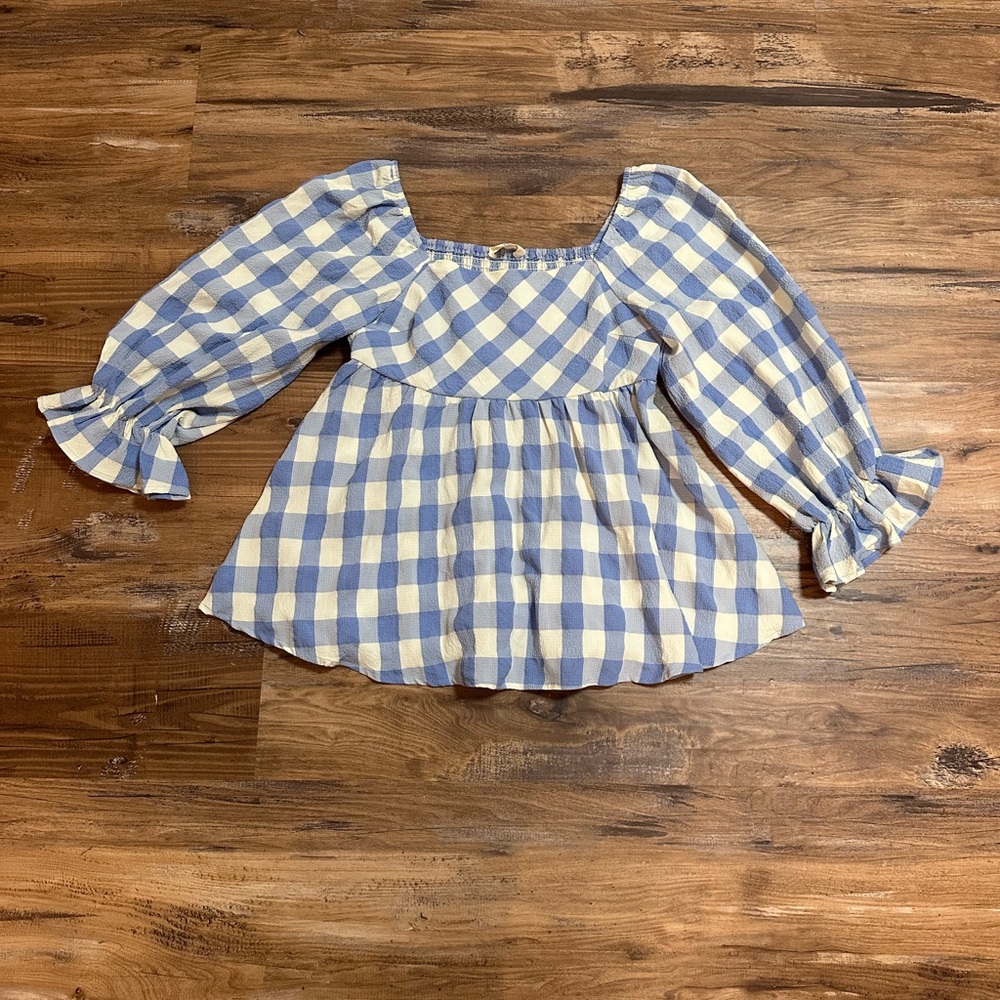 Entro Blue and White Gingham Square Neck Peplum Top - Picture 2 of 9
